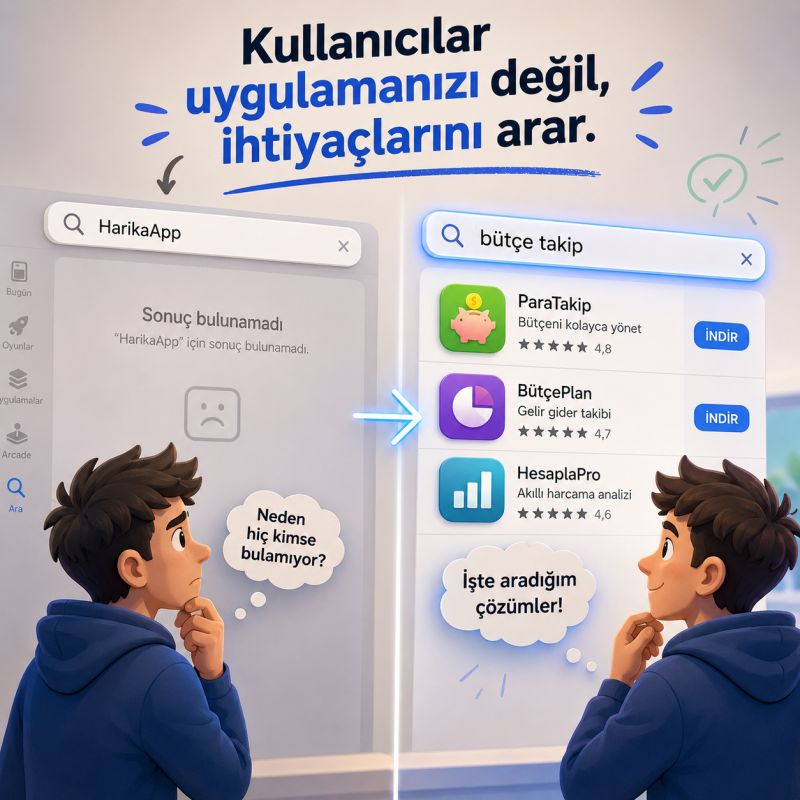 Mobil uygulama mağazalarında marka adı yerine ihtiyaç odaklı anahtar kelime arama davranışı karşılaştırması