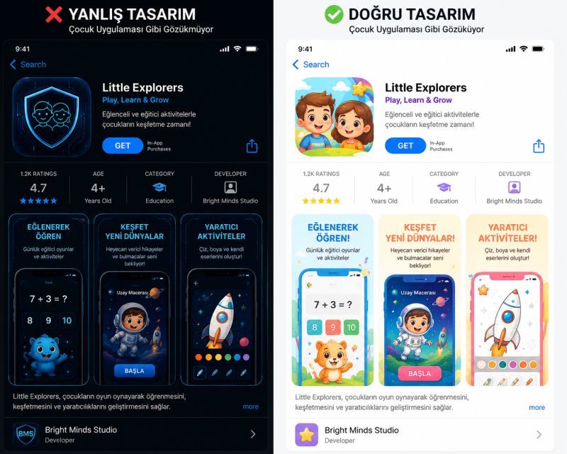mobil uygulama magaza donusum orani optimizasyonu yanlis ve dogru ekran goruntusu tasarim ornegi